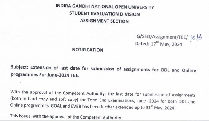 Last Date Of IGNOU Assignment Submission For June 2024